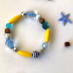 Bracelet, acrylic and wood beads, beach vibes, blue and yellow